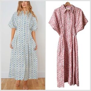 Romualda Red White Abstract Print Linen CASABLANCA Button Up Shirt Dress Sz S